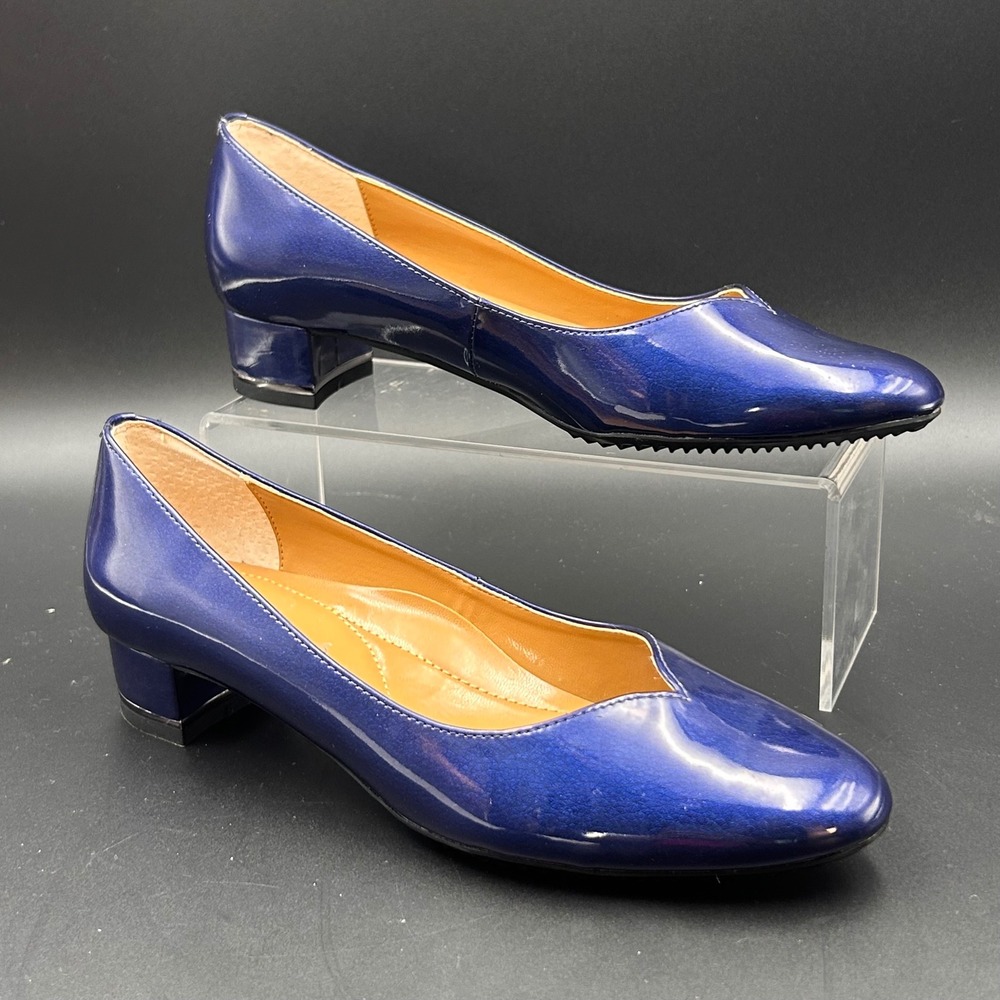 VTG J Renee Bambalina Pumps NWOB 7M Blue Patent Block Heel Classic Office Chic